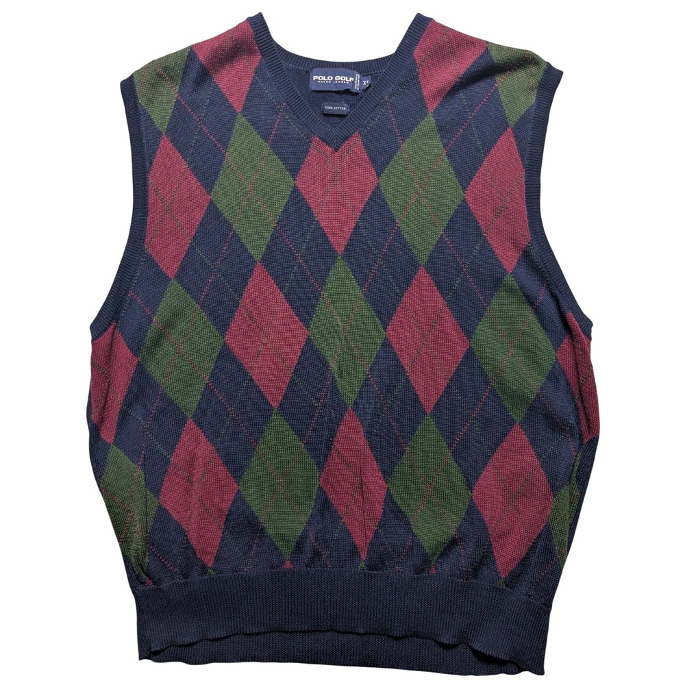 VTG Polo Golf Ralph Lauren Men XL (Fits Large) Argyle V-Neck Cotton Sweater Vest